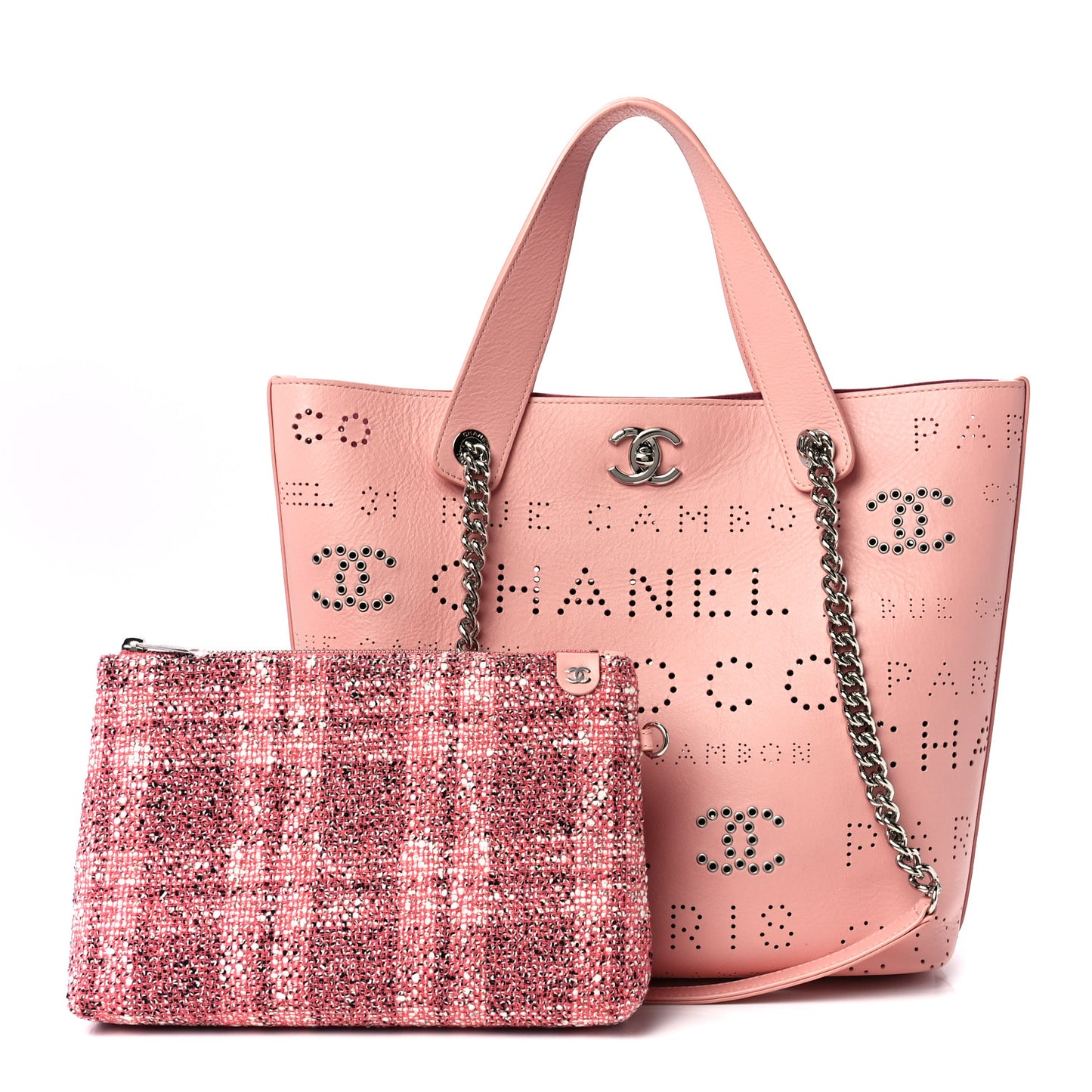 Calfskin Tweed Small Logo Eyelets Shopping Tote Pink