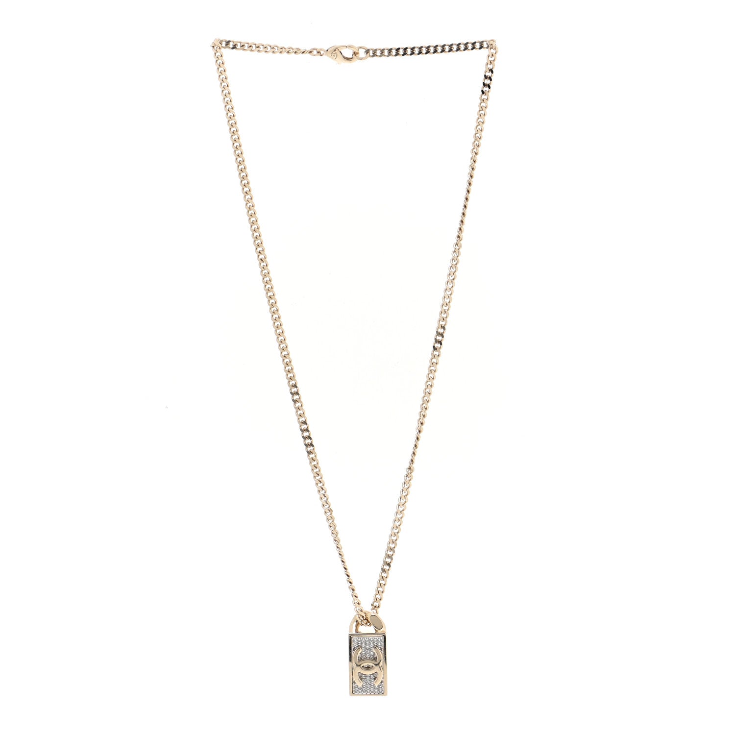 Chanel Crystal Dog Tag Charm Necklace Gold 3 of 5