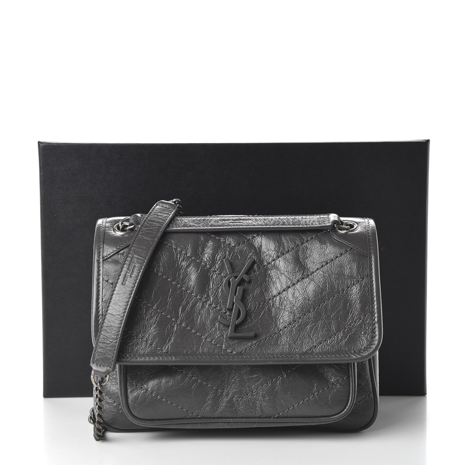 Saint Laurent Crinkled Calfskin Matelasse Monogram Baby Niki Chain Satchel Storm 10 of 10