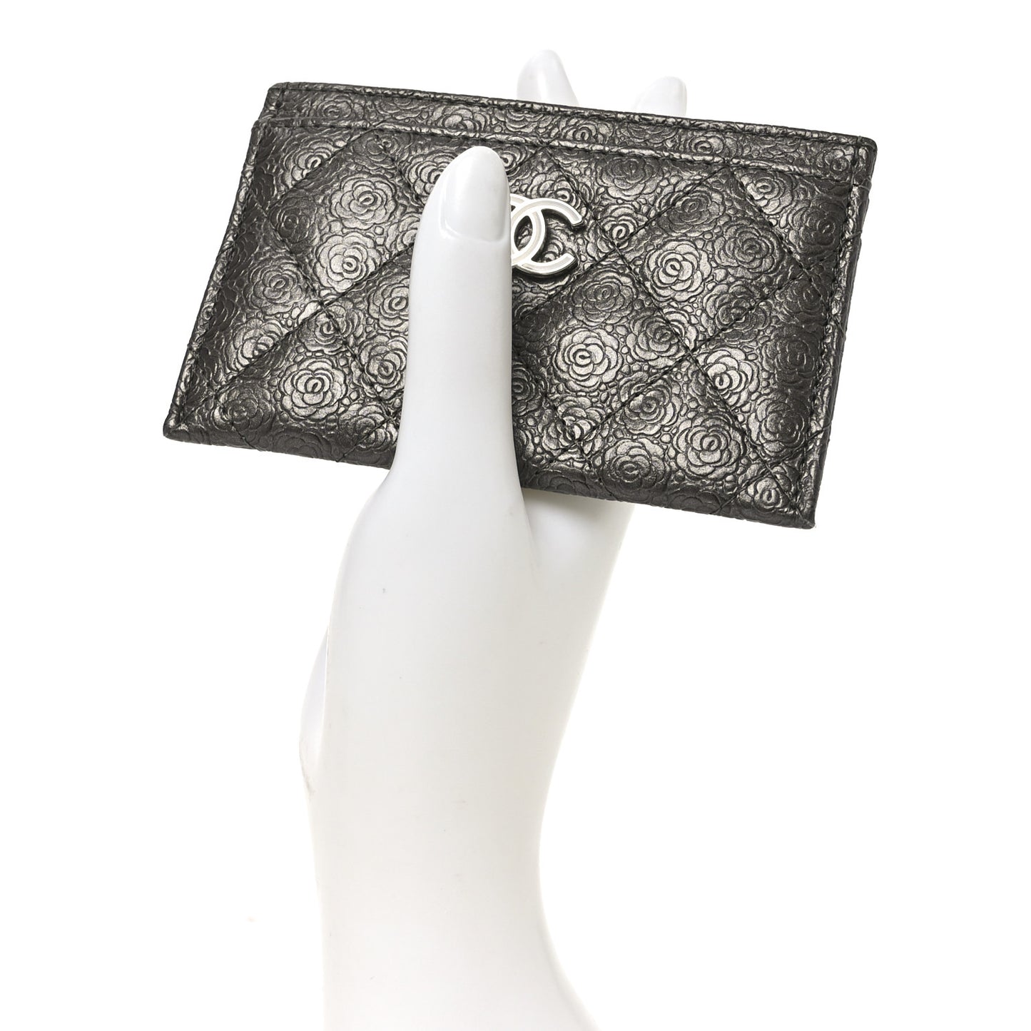 Calfskin Camellia Embossed Quilted Card Holder Grey