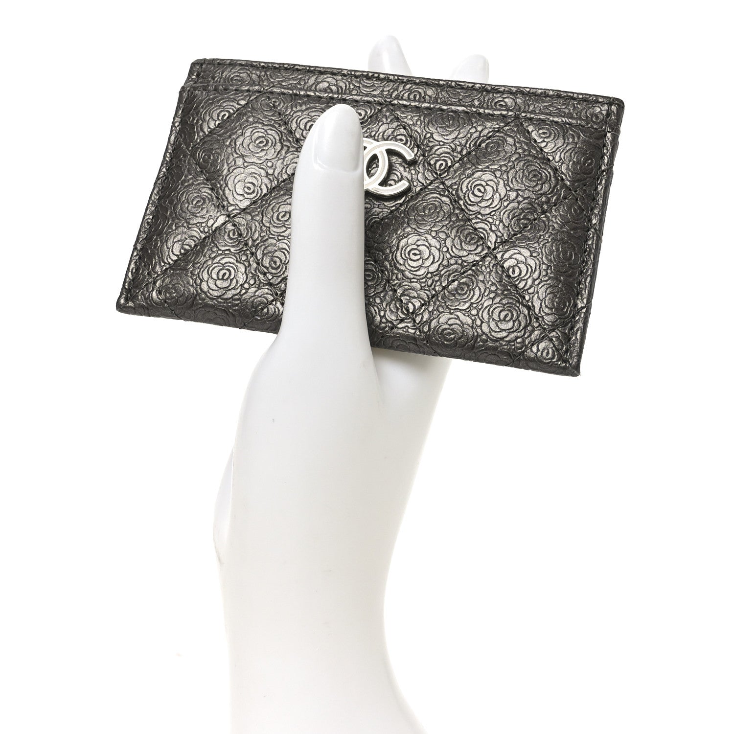 Chanel Calfskin Camellia Embossed Quilted Card Holder Grey 2 of 8