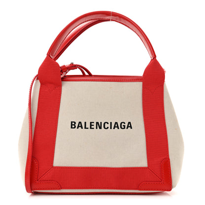 Balenciaga Cotton Canvas Satin Calfskin Navy Cabas XS Natural Red 1 of 14