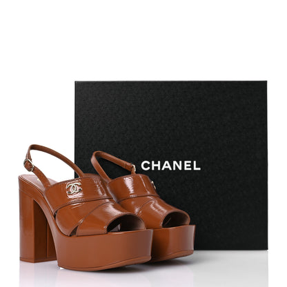 Chanel Crumpled Patent Lambskin Platform Sandals 40 Light Brown 13 of 13
