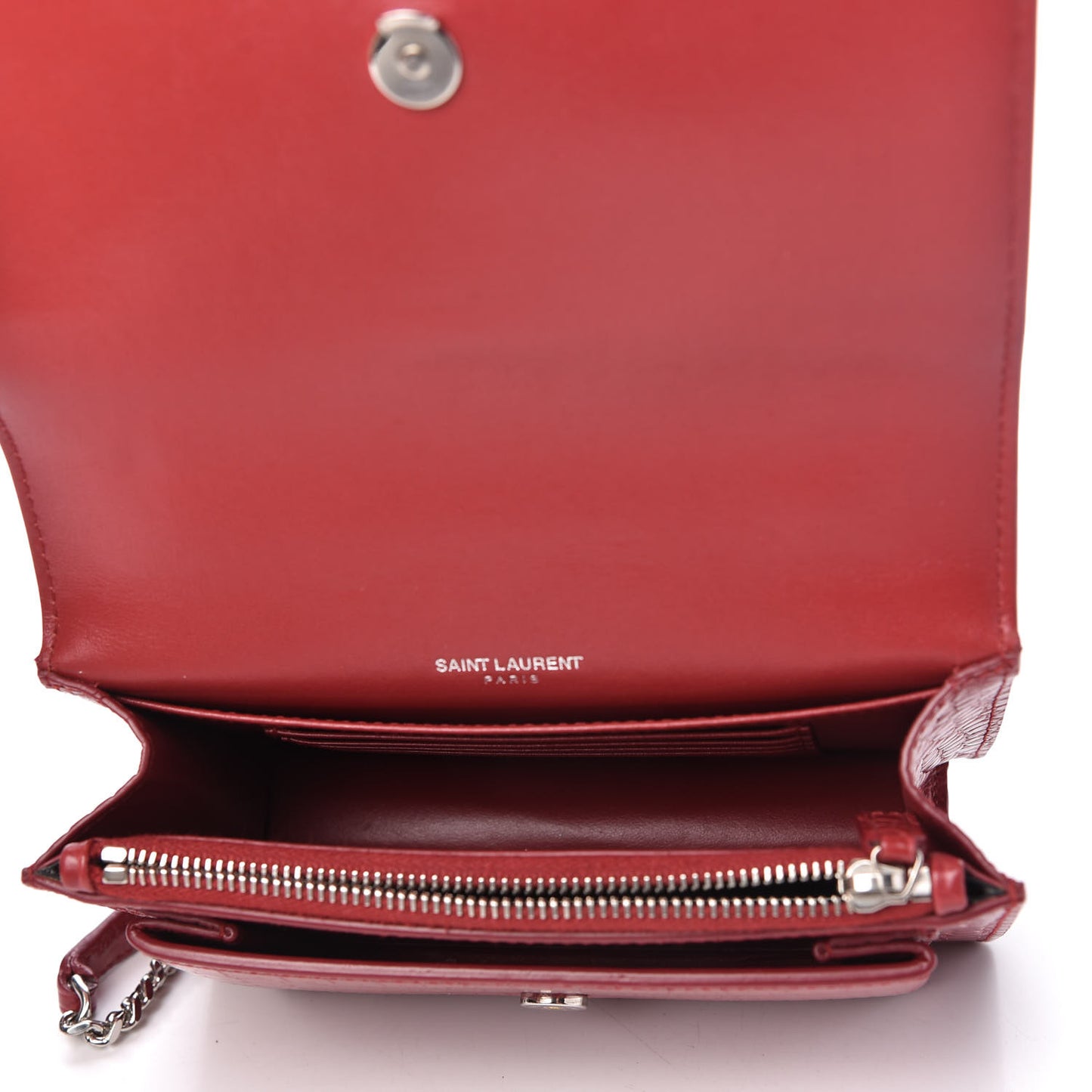 Calfskin Crocodile Embossed Monogram Sunset Chain Wallet New Lipstick Red
