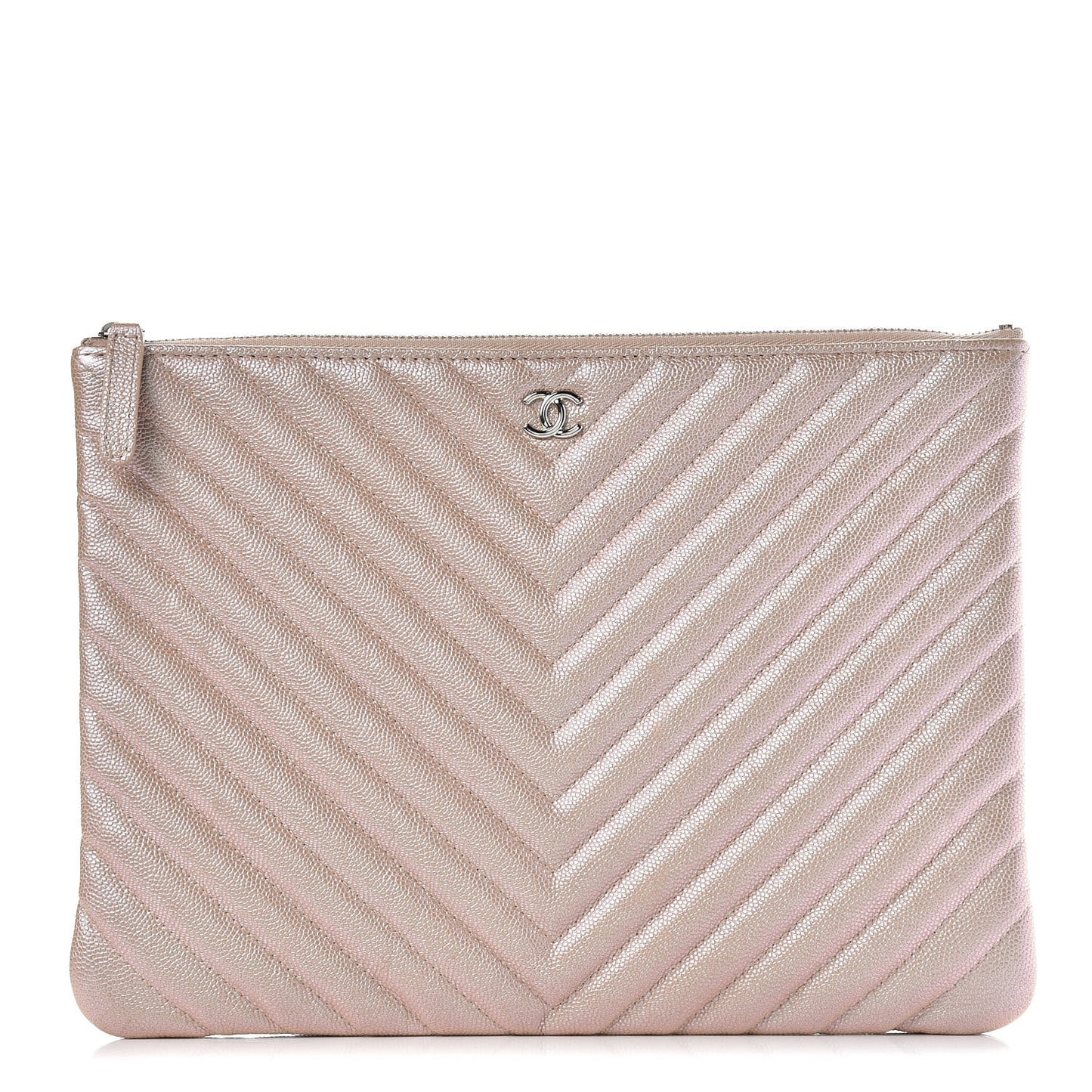 Iridescent Caviar Chevron Quilted Medium Cosmetic Case Light Gold