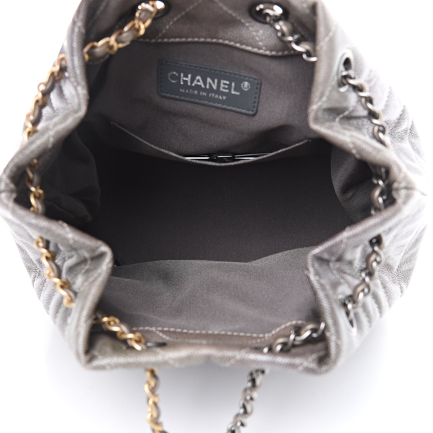 Metallic Grained Goatskin Chevron Quilted Gabrielle Backpack Silver