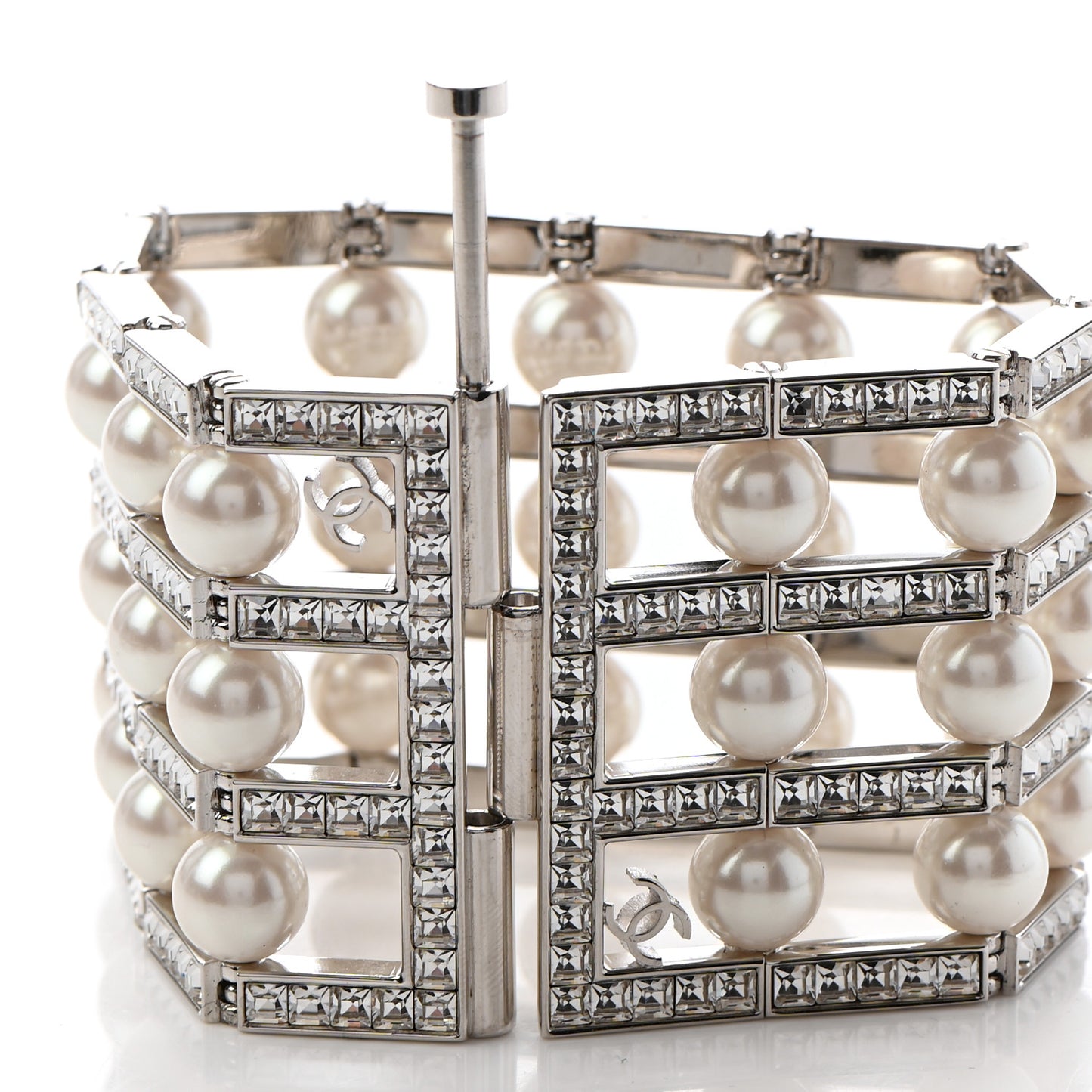 Crystal Pearl CC Cuff Bracelet L Silver