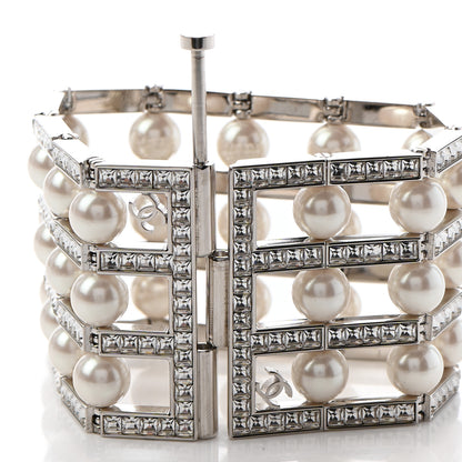 Chanel Crystal Pearl CC Cuff Bracelet L Silver 4 of 7