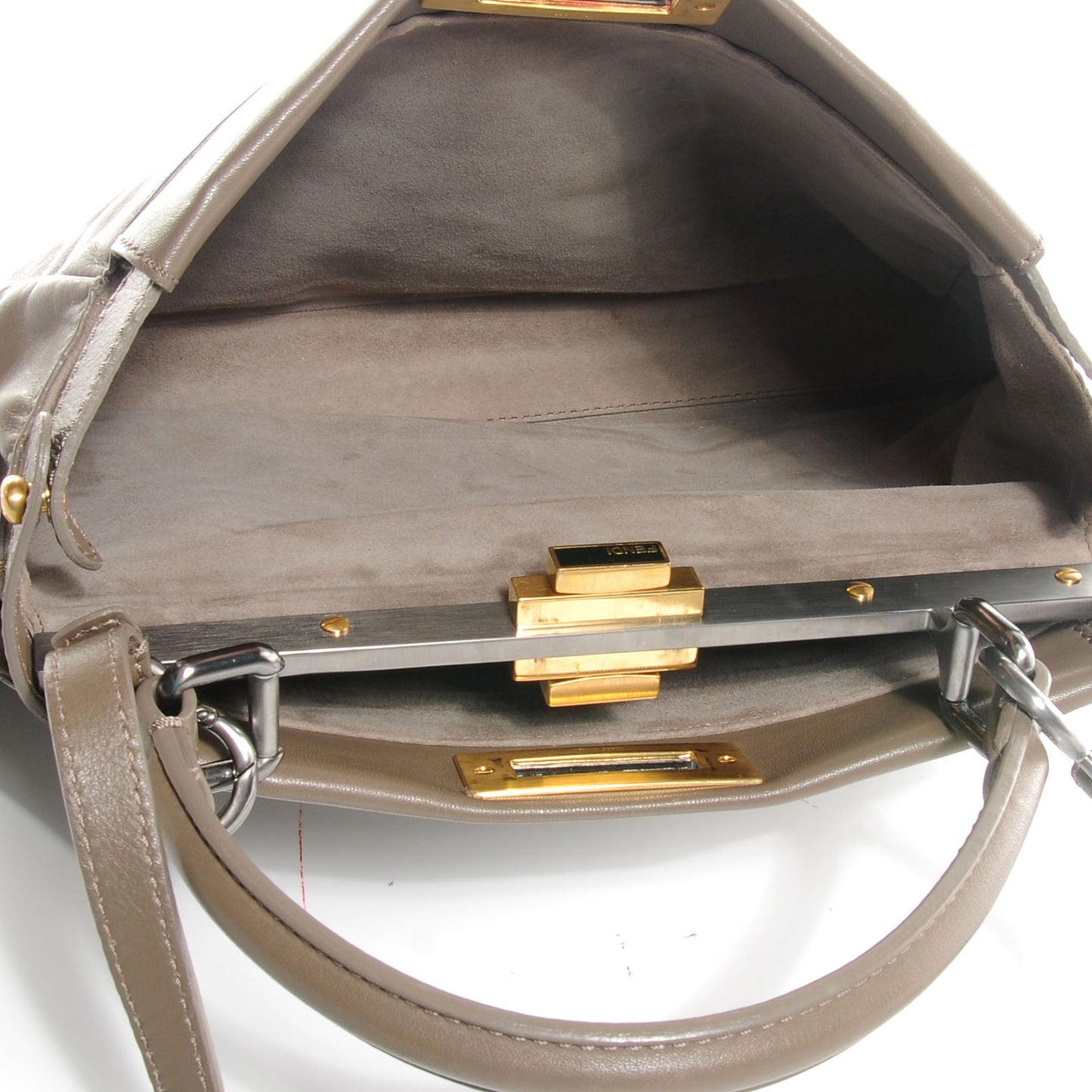 Vitello Suede Medium Peekaboo Iconic Satchel Nocciola Black