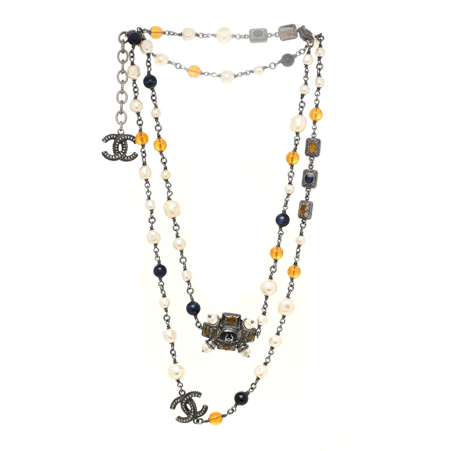 Gripoix Glitter Poured Glass Pearl Crystal Bead CC Long Necklace Ruthenium Blue Yellow
