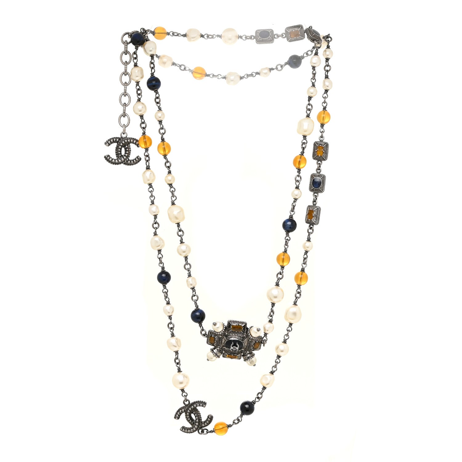 Chanel Gripoix Glitter Poured Glass Pearl Crystal Bead CC Long Necklace Ruthenium Blue Yellow 3 of 7