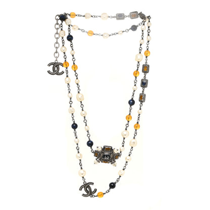 Chanel Gripoix Glitter Poured Glass Pearl Crystal Bead CC Long Necklace Ruthenium Blue Yellow 3 of 7