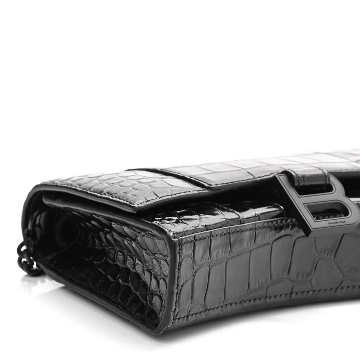 Balenciaga Shiny Calfskin Monochrome Crocodile Embossed Hourglass Chain Bag Black 7 of 8