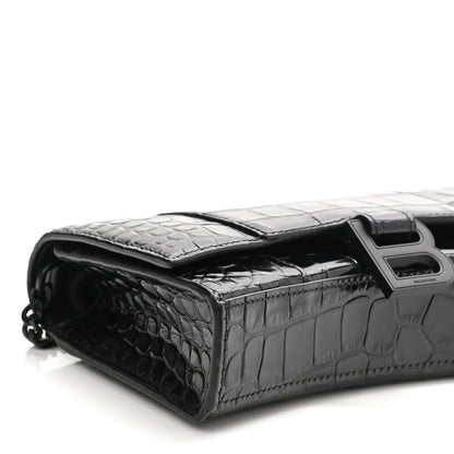 Balenciaga Shiny Calfskin Monochrome Crocodile Embossed Hourglass Chain Bag Black 7 of 8