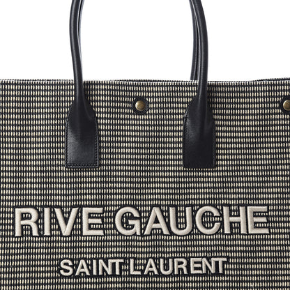Saint Laurent Embroidered Cotton Linen Rive Gauche Noe Tote Black Beige 6 of 8
