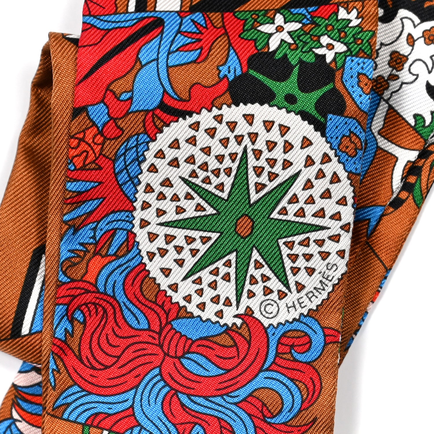 Hermes Silk De l'Ombrelle Aux Duels Twilly Caramel Vert Bleu 3 of 3