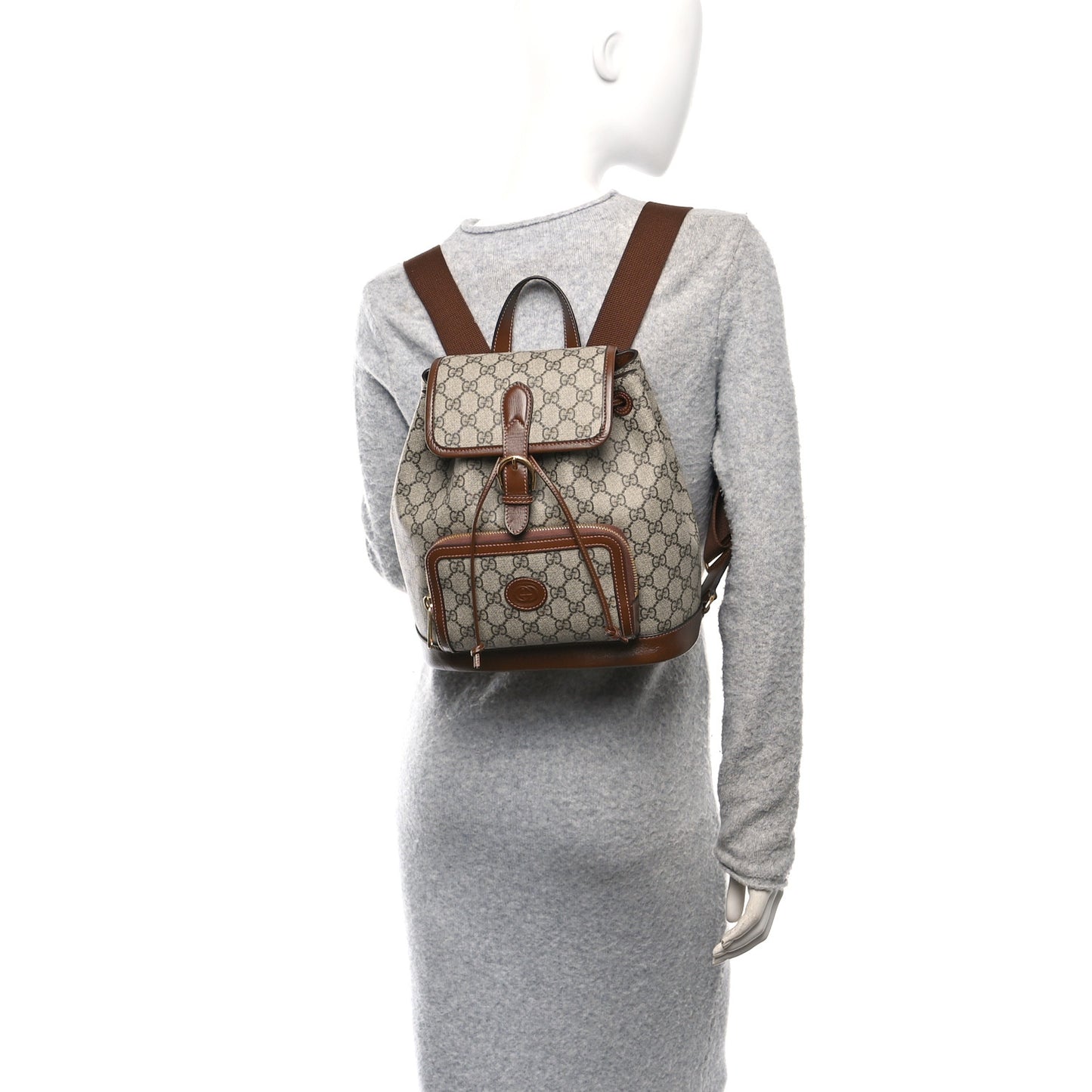 GG Supreme Monogram Azalea Calfskin Retro Interlocking G Buckle Backpack Beige Ebony Brown Sugar