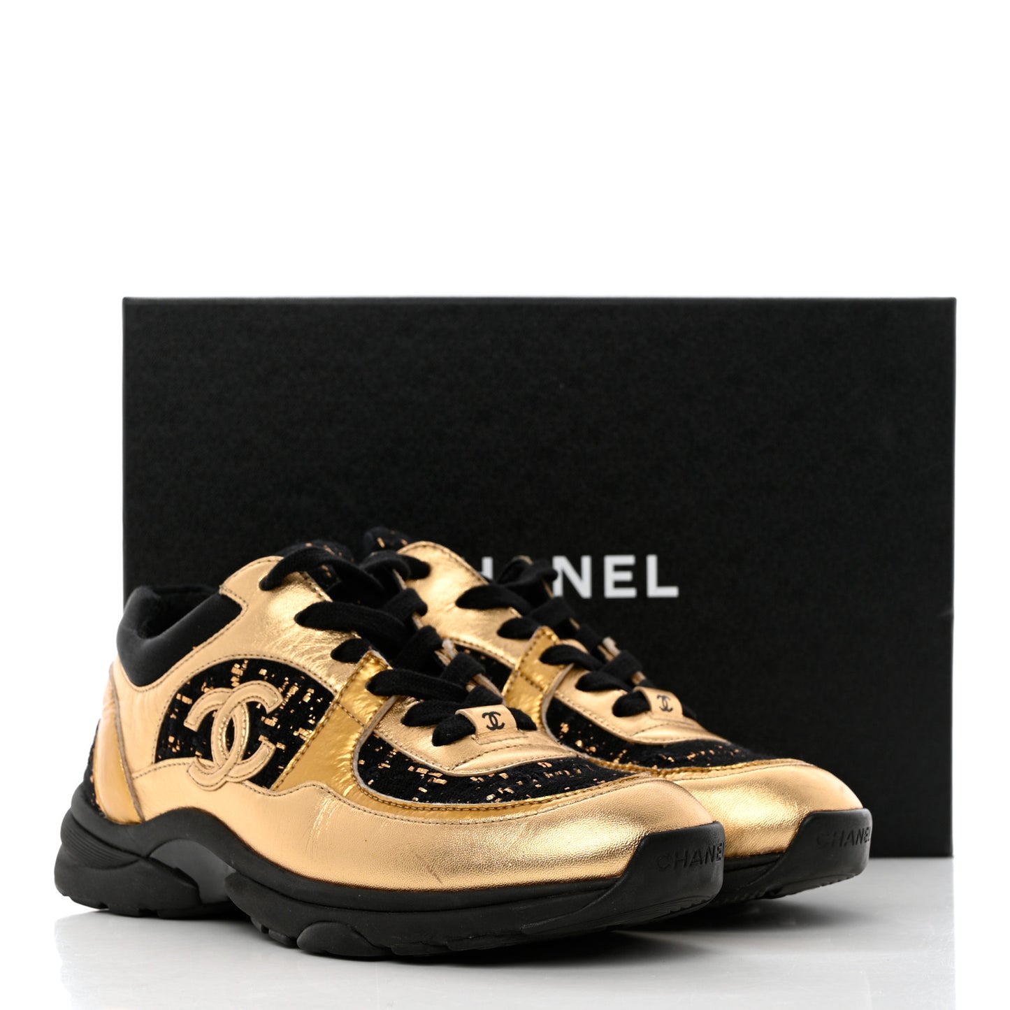 Satin Lambskin Fabric Tweed CC Sneakers 37 Gold Black