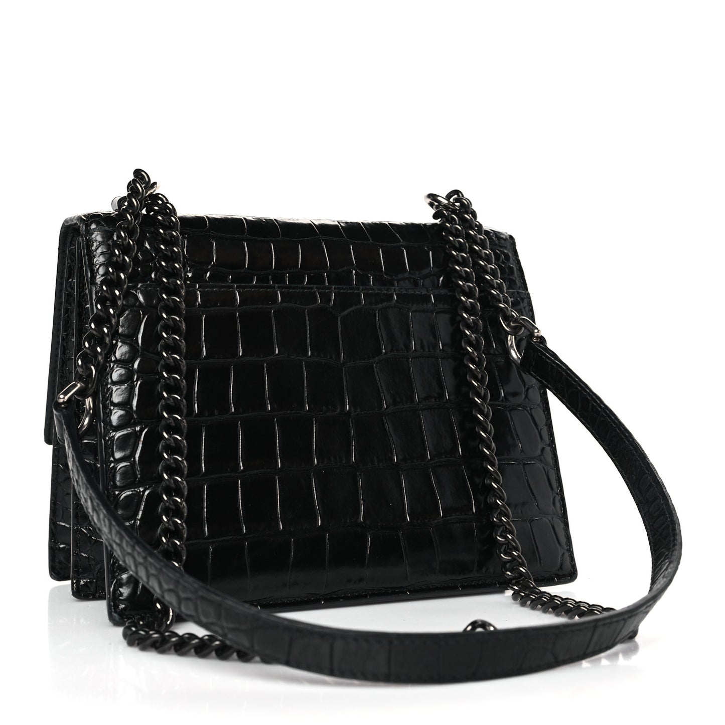 Shiny Calfskin Monochrome Crocodile Embossed S Sharp Chain Shoulder Bag Black