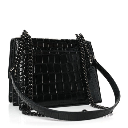 Balenciaga Shiny Calfskin Monochrome Crocodile Embossed S Sharp Chain Shoulder Bag Black 3 of 9