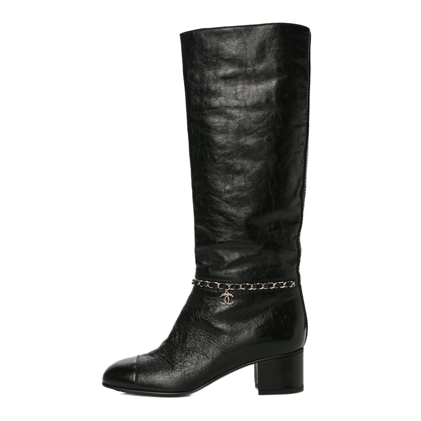 Crumpled Calfskin Cap Toe Chain Boots 37.5 Black