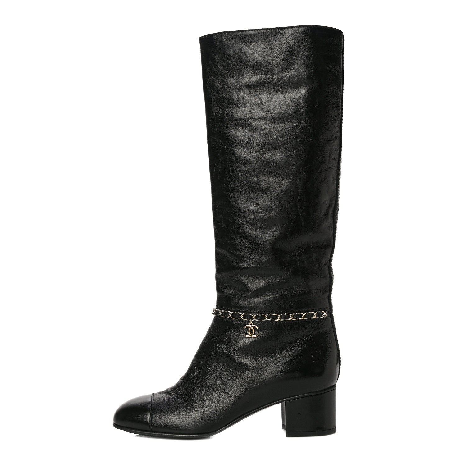 Chanel Crumpled Calfskin Cap Toe Chain Boots 37.5 Black 1 of 8