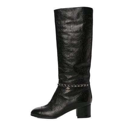 Chanel Crumpled Calfskin Cap Toe Chain Boots 37.5 Black 1 of 8