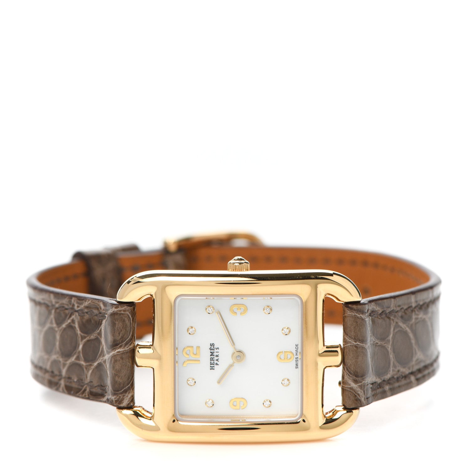 Hermes 18K Yellow Gold Alligator Diamond Mother of Pearl 23mm Cape Cod Quartz Watch Gris Elephant 2 of 5