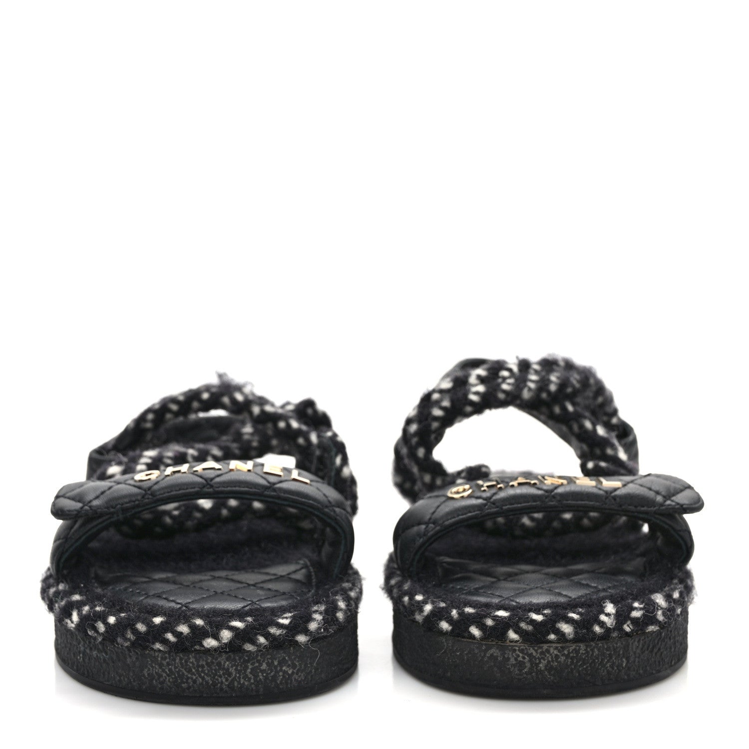 Chanel Cord Lambskin Quilted Logo Sandals 38 Black White 2 of 8