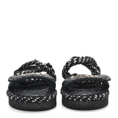 Chanel Cord Lambskin Quilted Logo Sandals 38 Black White 2 of 8