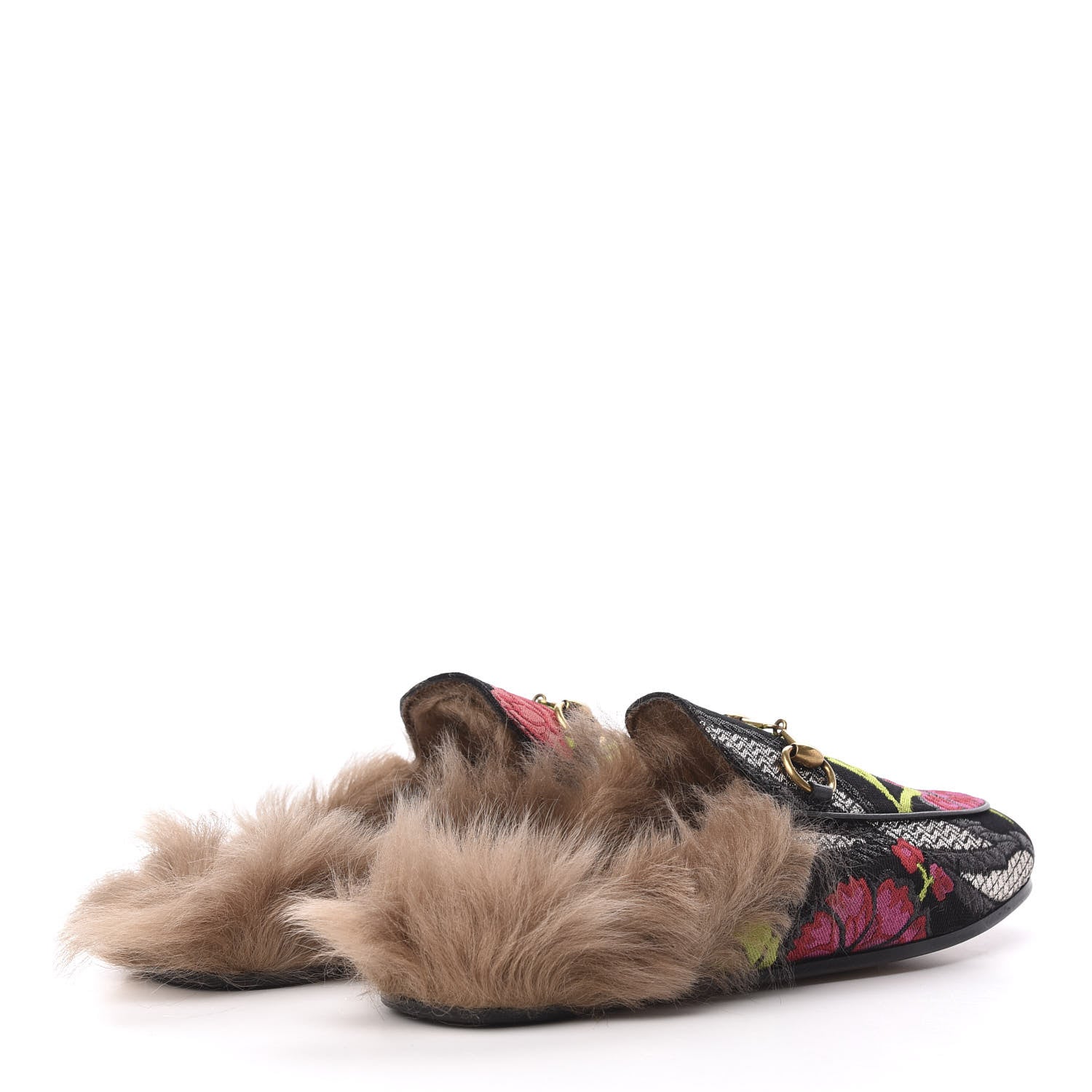 Gucci Brocade Fur Floral Womens Princetown Slippers 35 Black Anthracite 4 of 8