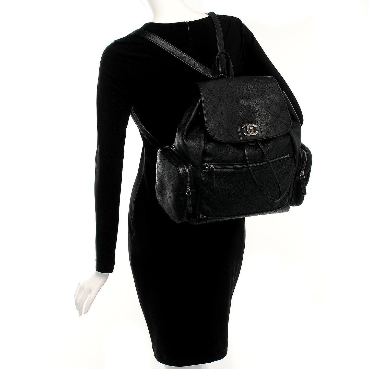 Grained Calfskin Pocket Backpack Black