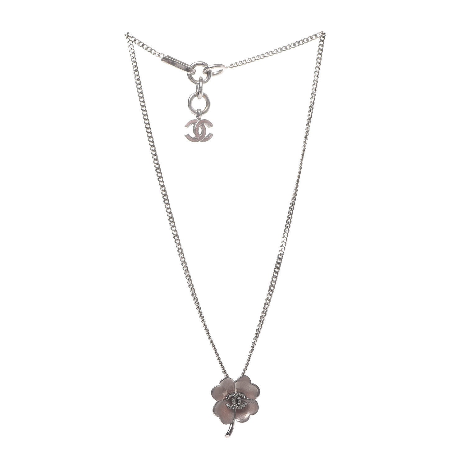 Chanel Enamel Crystal CC Camellia Pendant Necklace Silver 3 of 7