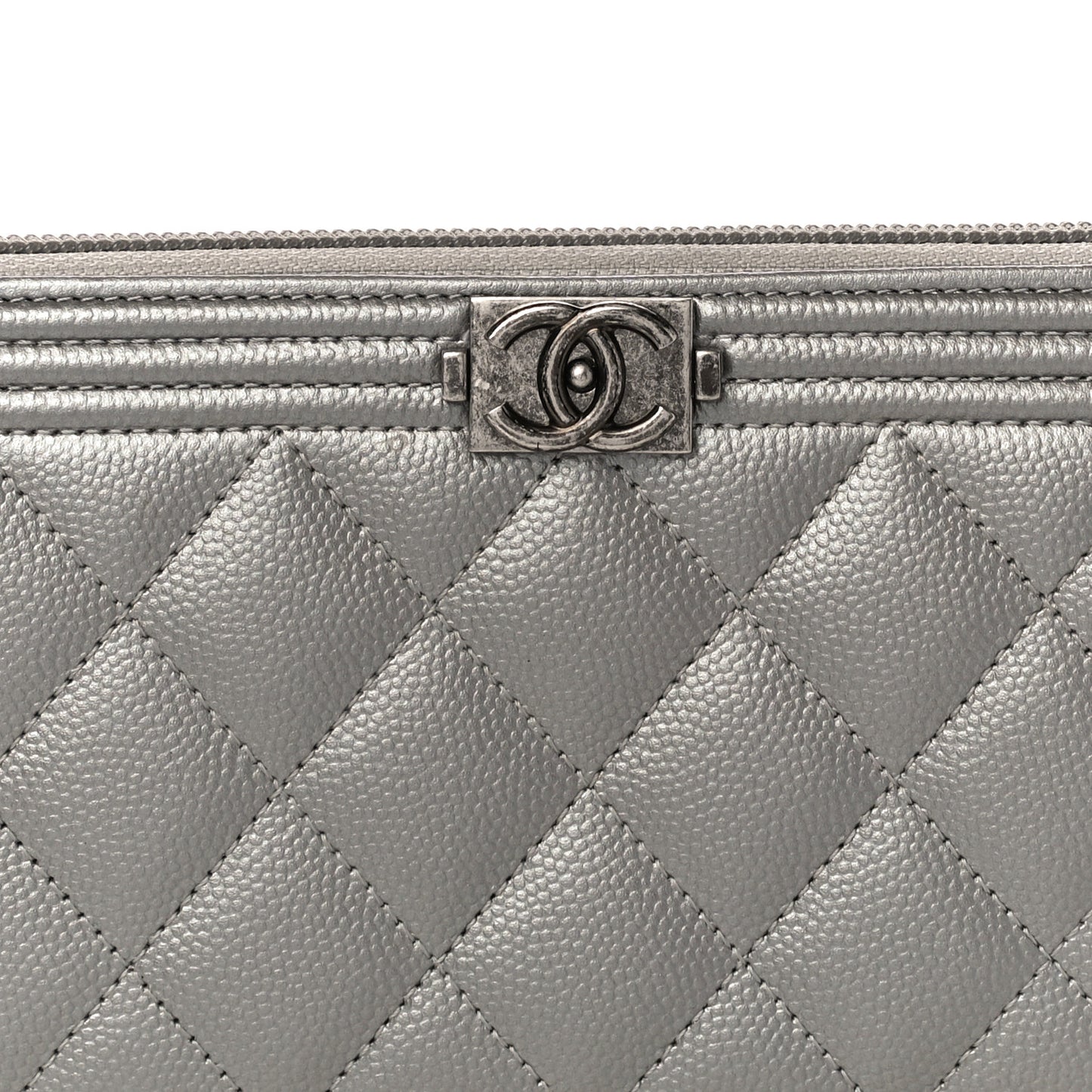 Metallic Caviar Quilted Boy Zip Around Wallet Silver