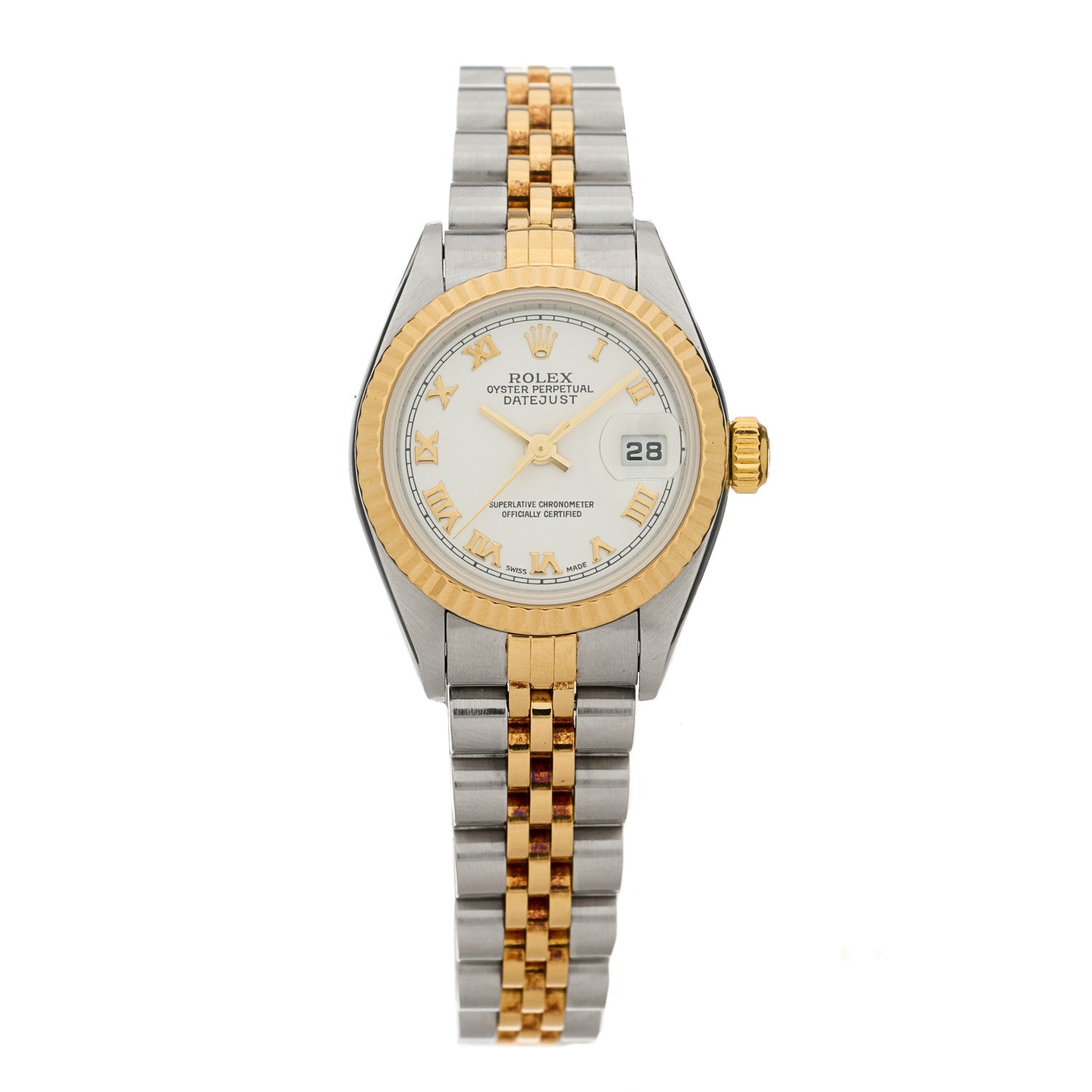 Rolex Stainless Steel 18K Yellow Gold 26mm Oyster Perpetual Datejust Watch White Roman 79173 1 of 6
