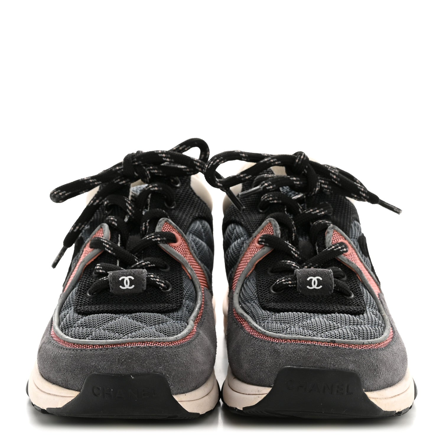Chanel Fabric Calfskin Suede Womens CC Sneakers 36.5 Grey Pink