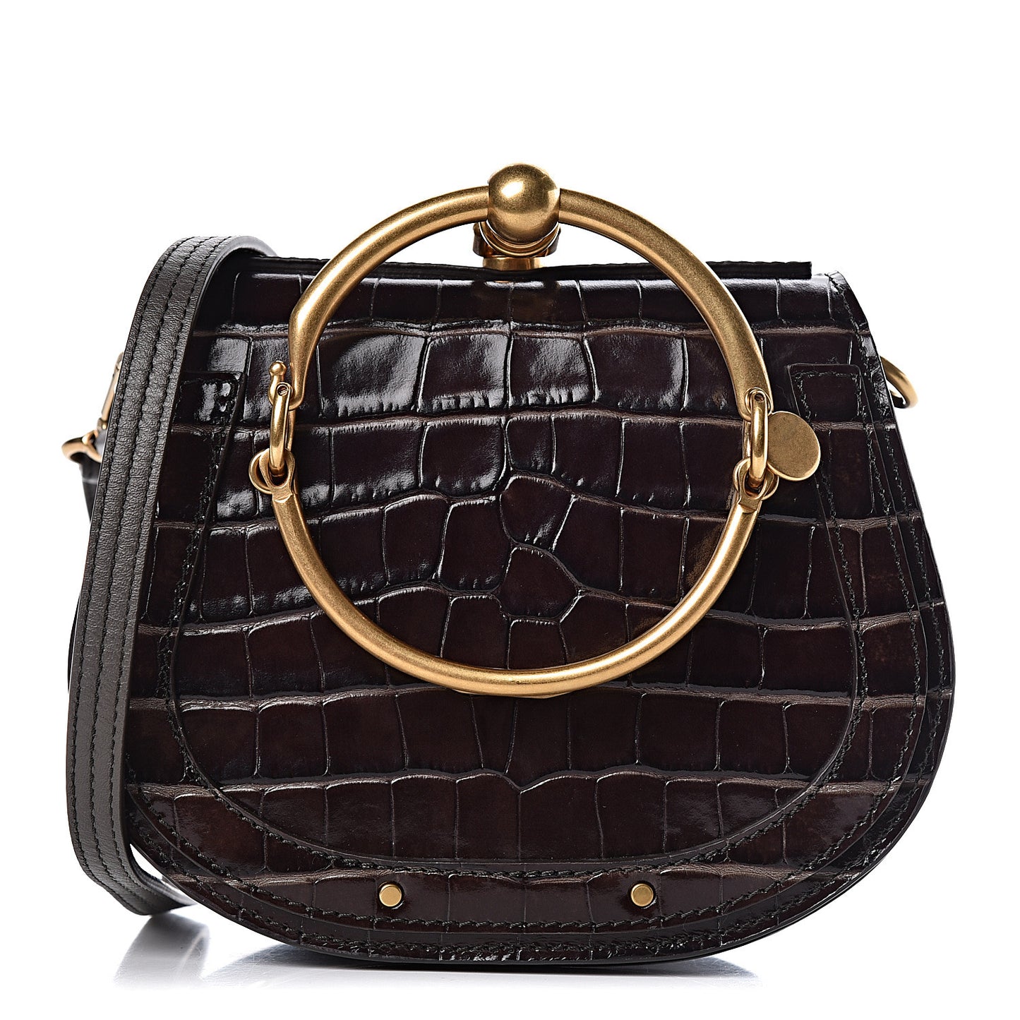 Suede Calfskin Crocodile Embossed Small Nile Bracelet Bag Profound Brown
