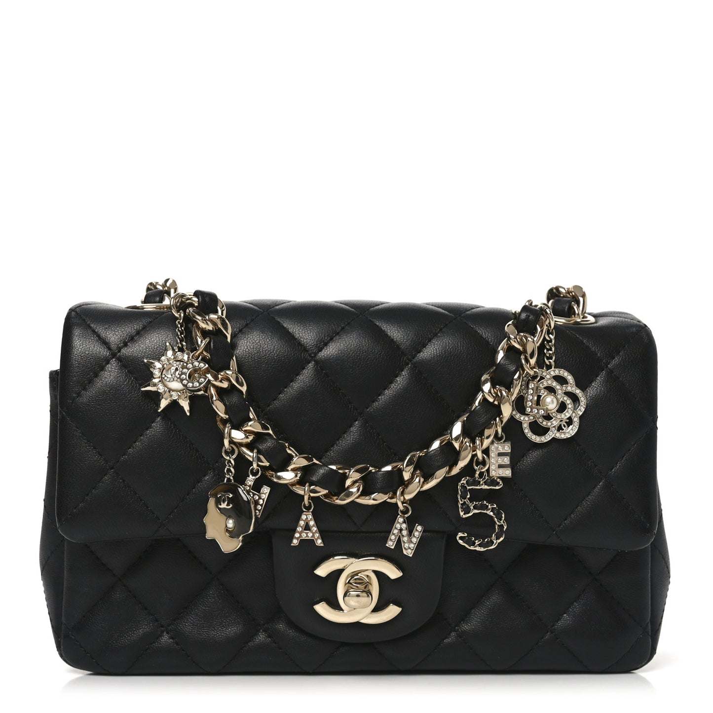 Lambskin Quilted Mini Coco Charms Rectangular Flap Black