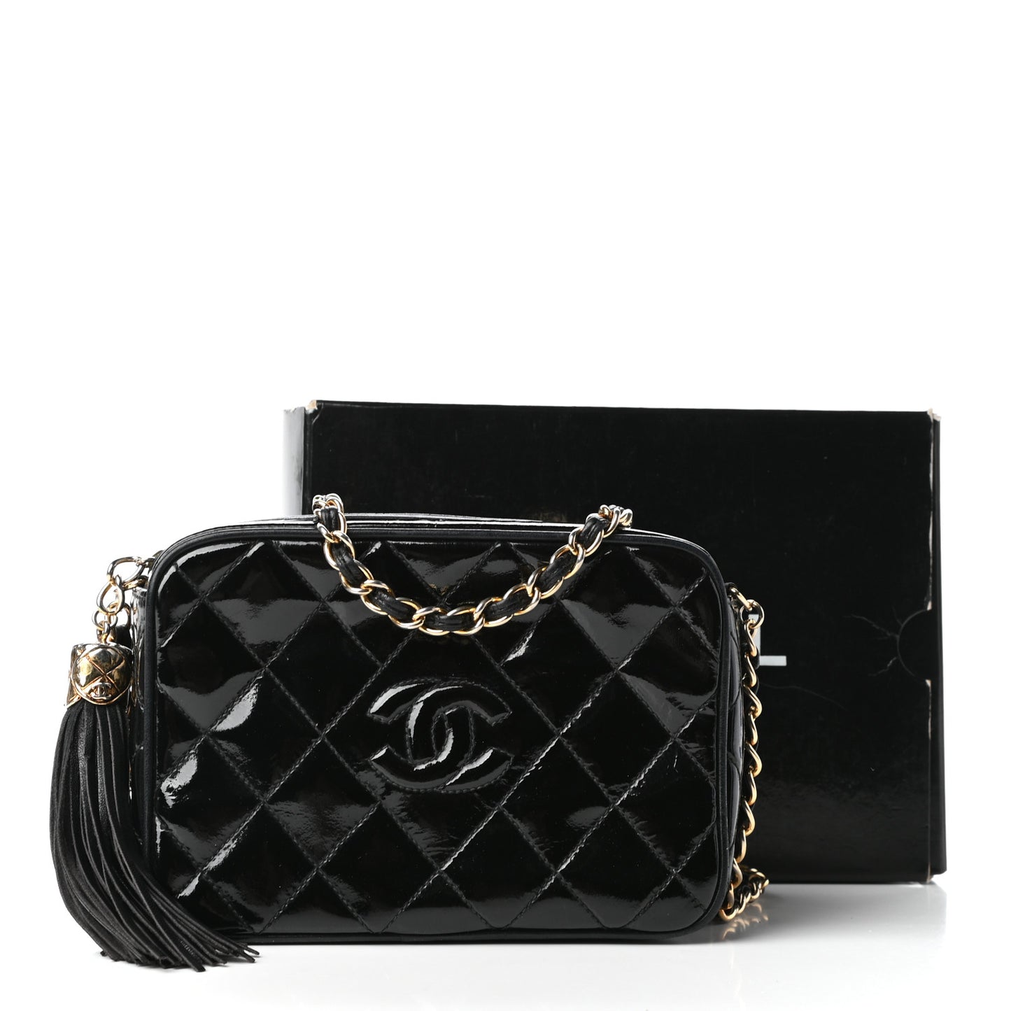 Patent Tassel Quilted Shoulder Bag Black
