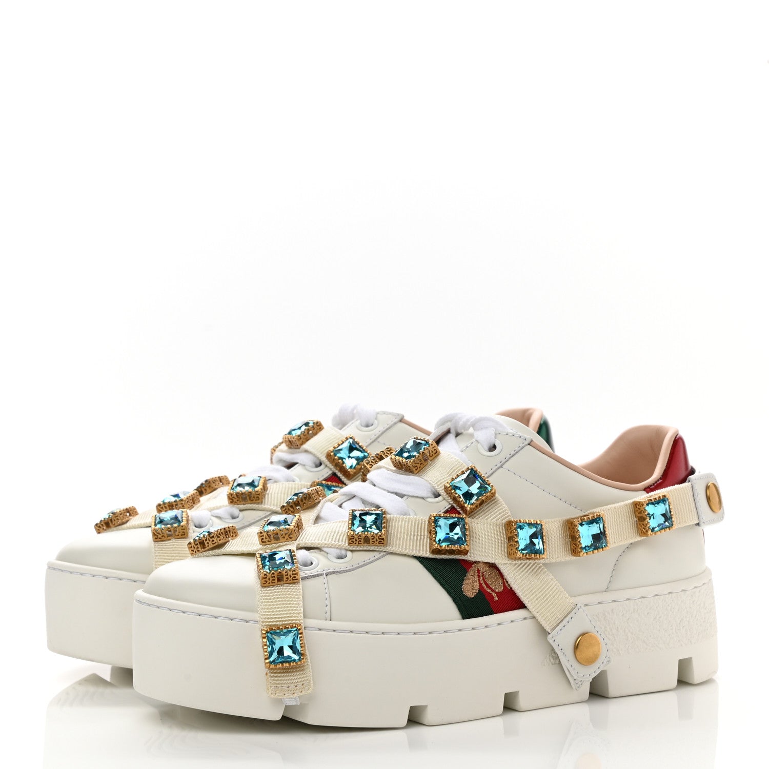 Gucci Calfskin Removable Crystals Bee Embroidered Ace Platform Sneakers 35 White 3 of 12