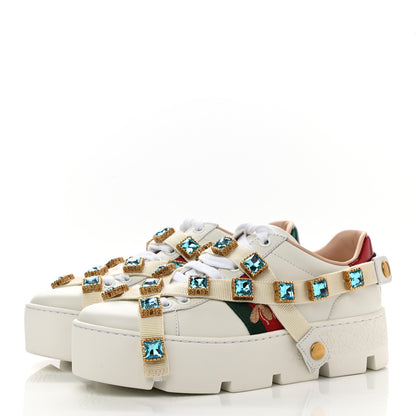 Gucci Calfskin Removable Crystals Bee Embroidered Ace Platform Sneakers 35 White 3 of 12