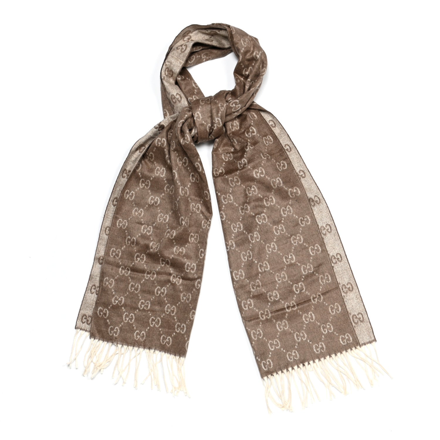 Gucci Silk GG Monogram Nivalis Fringe Scarf Brown 1 of 4