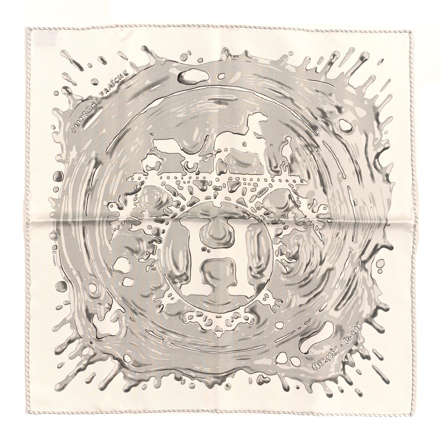Hermes Silk Peinture Fraiche Pocket Square White Gris Perle 1 of 3