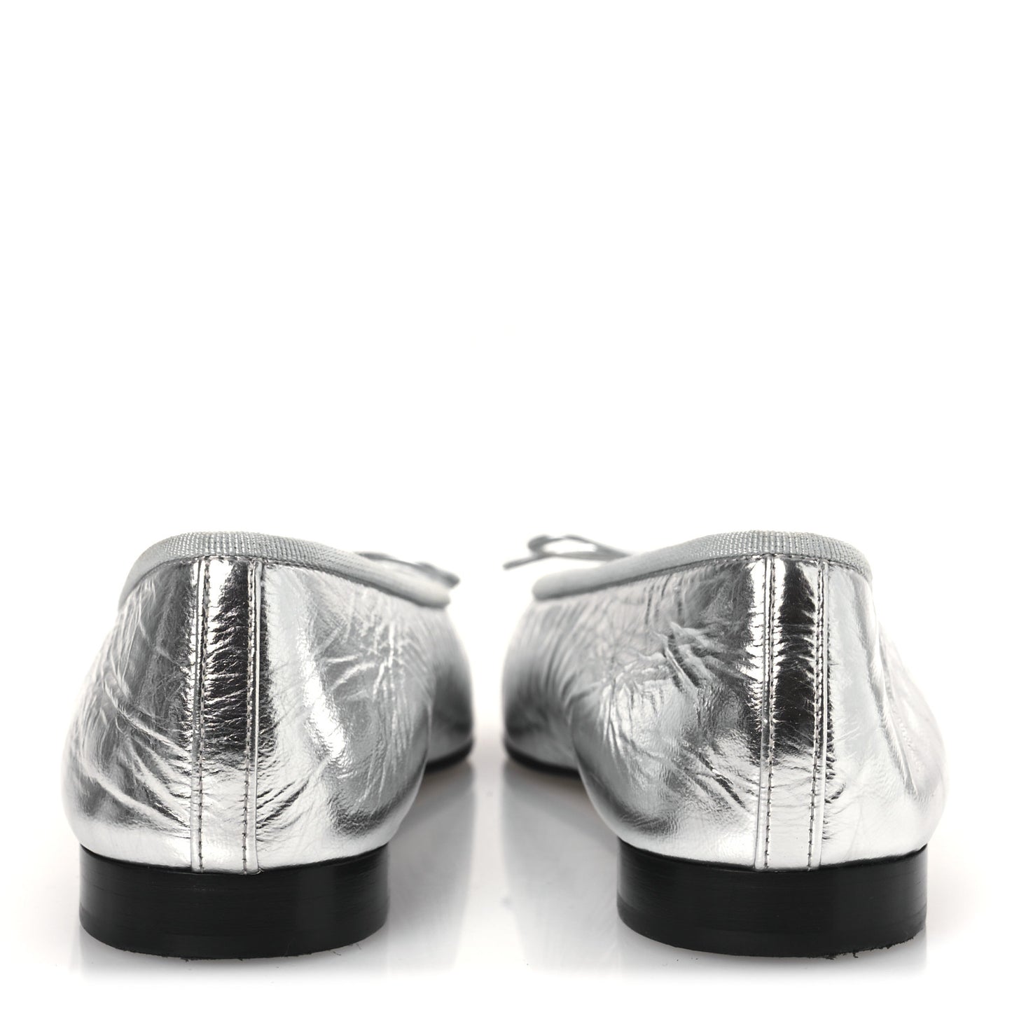 Laminated Crumpled Lambskin Grosgrain Cap Toe CC Ballerina Flats 36.5 Silver Black