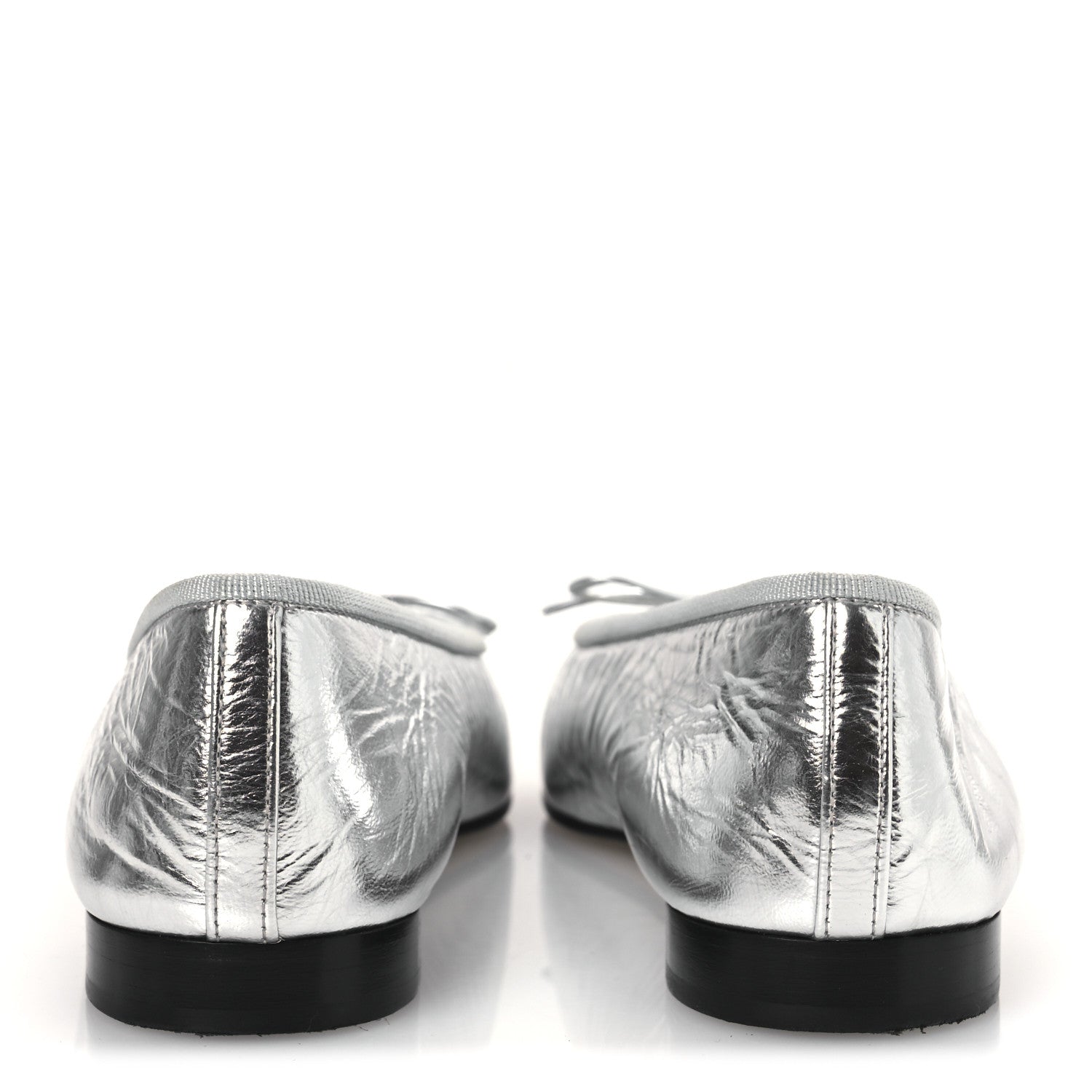 Chanel Laminated Crumpled Lambskin Grosgrain Cap Toe CC Ballerina Flats 36.5 Silver Black 5 of 12