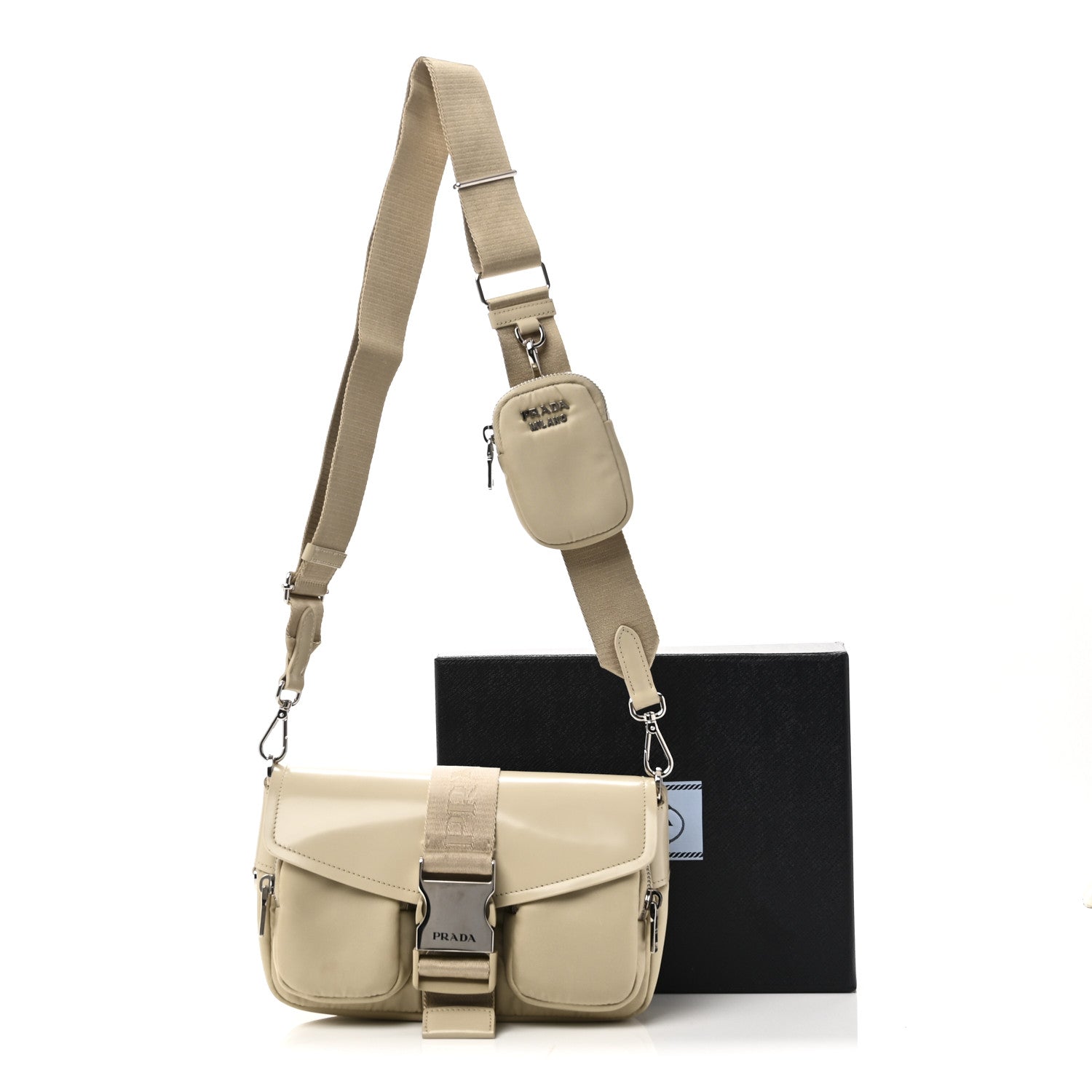 Prada Re-Nylon Spazzolato Double Pocket Buckle Shoulder Bag Deserto 10 of 10