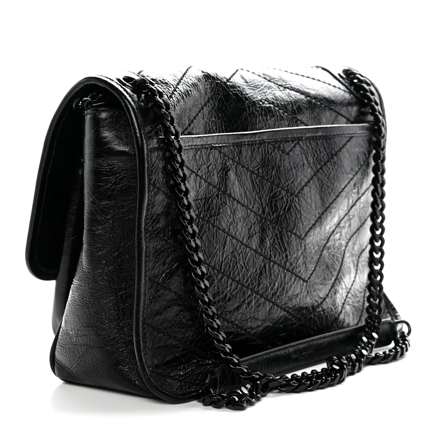 Crinkled Calfskin Matelasse Monogram Medium Niki Chain Satchel Black