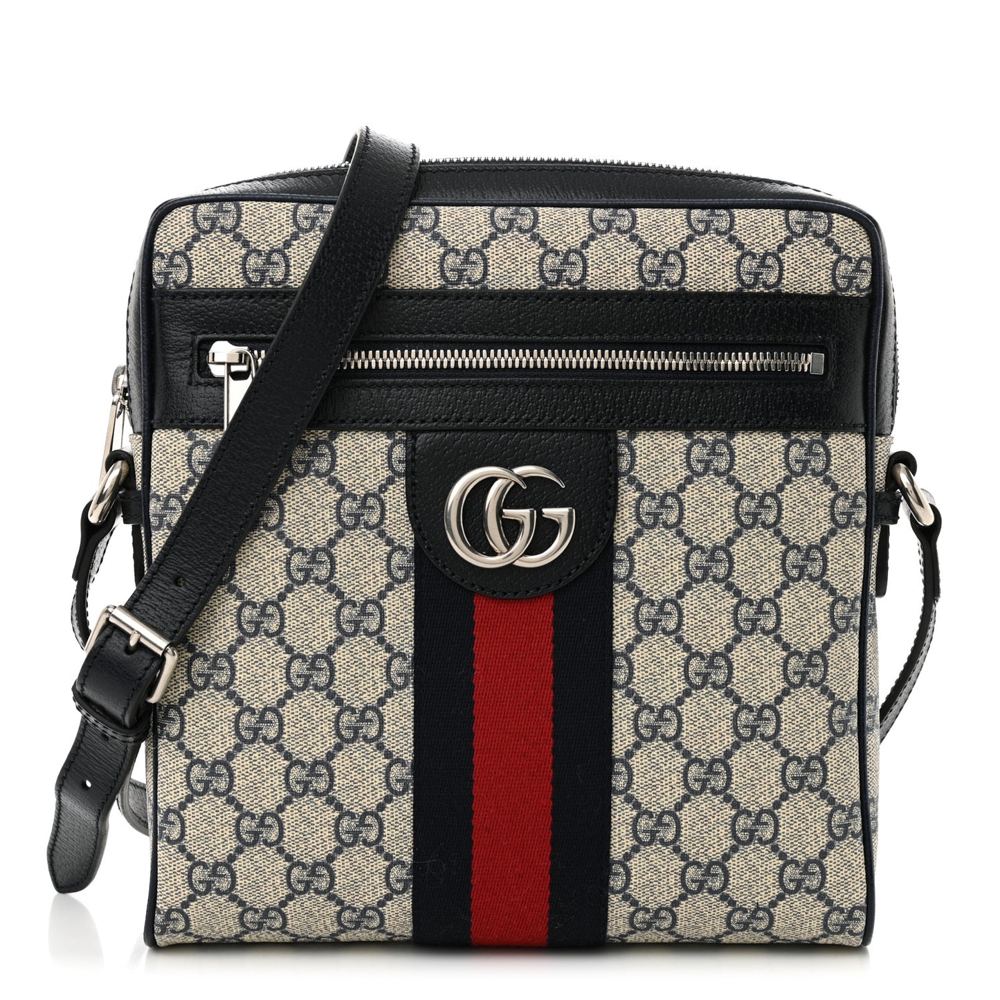 GG Supreme Monogram Textured Dollar Calfskin Web Small Ophidia Messenger Bag Beige Blue
