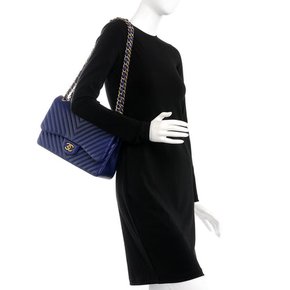 Chanel Lambskin Chevron Quilted Jumbo Double Flap Blue 2 of 8