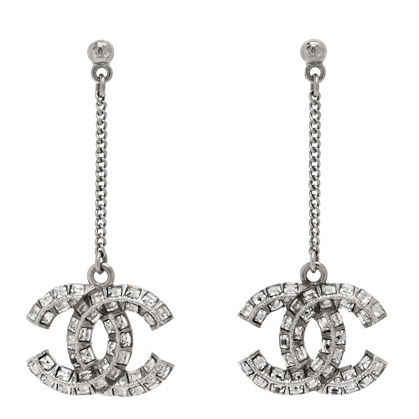 Baguette Crystal CC Drop Earrings Silver